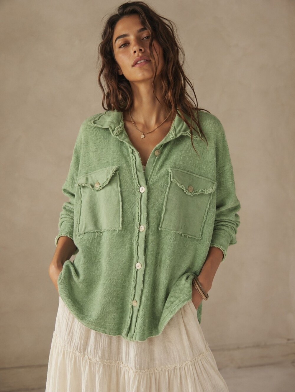BucketList French Terry Oversized Green Button-Up Shacket Shirt Jacket Size M